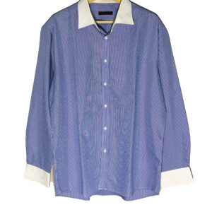 blue striped formal shirt with white collar perfect for suit up occasions